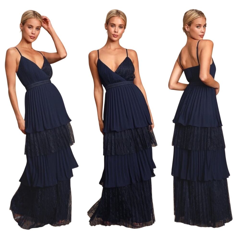 Lulus Date With a Daydream Lace Tiered Maxi Dress Navy Blue Size Small - Picture 12 of 12